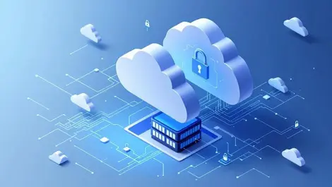 Isometric cloud shields over datacenter ai cyber defense locks