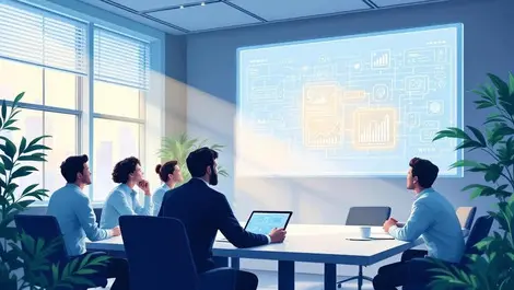 Toronto boardroom executives reviewing glowing ai data flow diagram