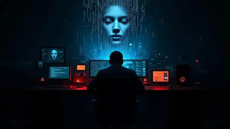 Shadowy hacker desk deepfake faces binary city smart home alerts