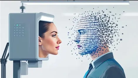 Biometric face scan half human half digital mask anti deepfake id