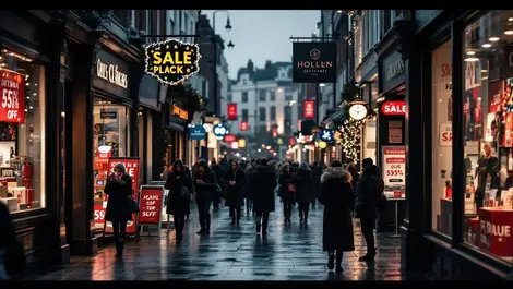 Moody overcast uk high street xmas sales sparse shoppers scene
