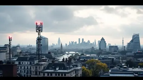 Central london skyline 5g towers weak signal overcast lagging tech