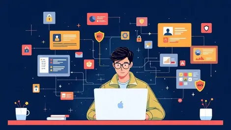 Office worker laptop floating browser shield secure ai saas hybrid