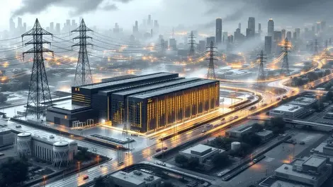 Modern us data center infrastructure strain power grid urban skyline