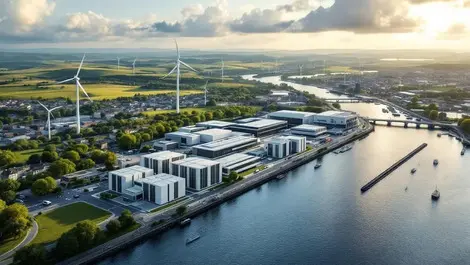 London docklands wind powered data centre aerial view ai