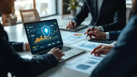 Corporate boardroom risk heatmaps laptop shield financial charts