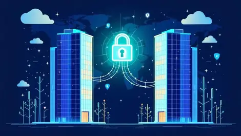 Cybersecurity firm merger glass buildings lock bridge clouds