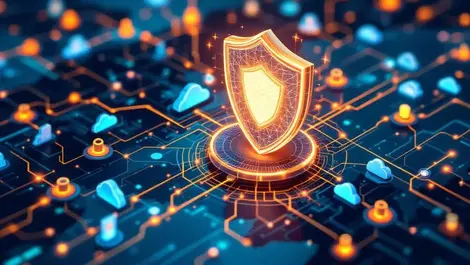 Glowing neural network shield ai cybersecurity cloud servers