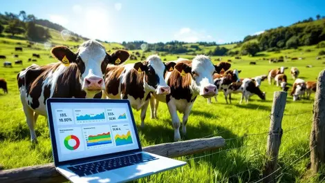 New zealand dairy farm cows pasture with digital tracking data