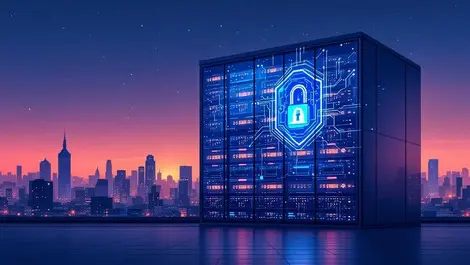 Hanoi data center at dusk with digital security shield skyline