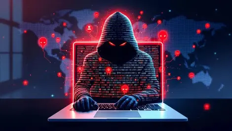 Laptop under binary shield blocking hackers and malware icons