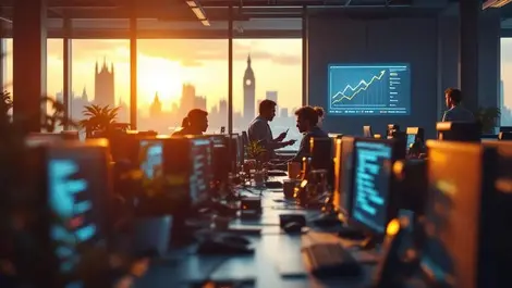 Modern uk it office coding team with rising salary graph london view