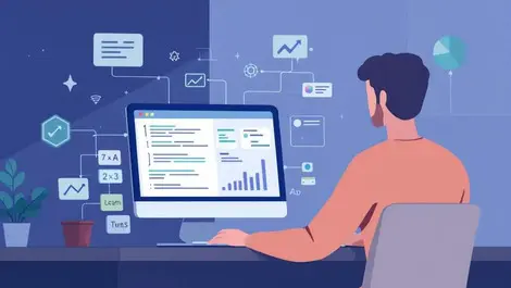 Software engineer coding with analytics rules in modern tech office