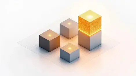 Golden data cube leading over grey cubes in isometric grid