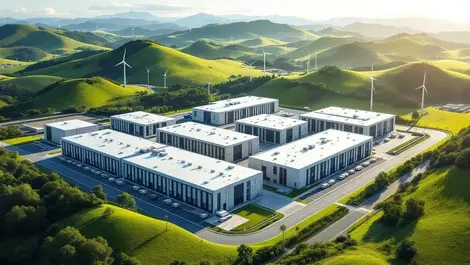 Auckland data center cluster green hills wind turbines sunlit clean