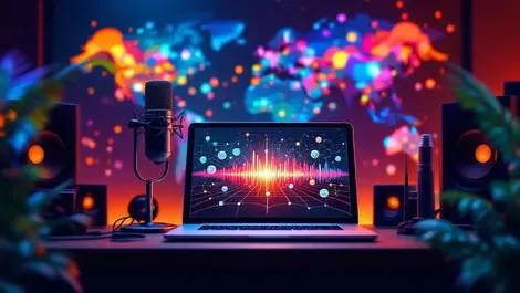 Sound studio desk laptop globe icons colorful audio waves map