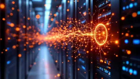 Glowing neural network emerging from spinning server rack ai speed