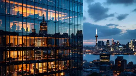 Ai company glass office sydney cbd dusk skyline neural reflections