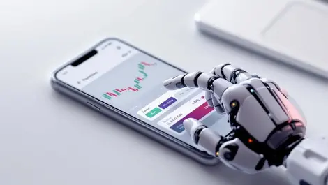 Ai robotic hand crypto trading smartphone 3d fintech scene