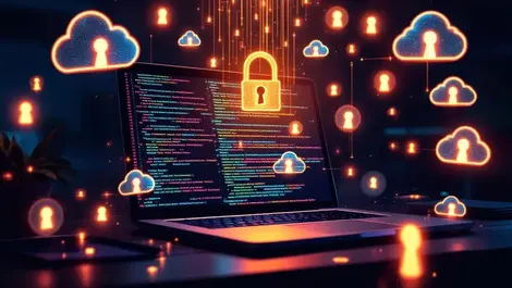 Laptop code leaking secrets glowing keyholes cloud data exposure